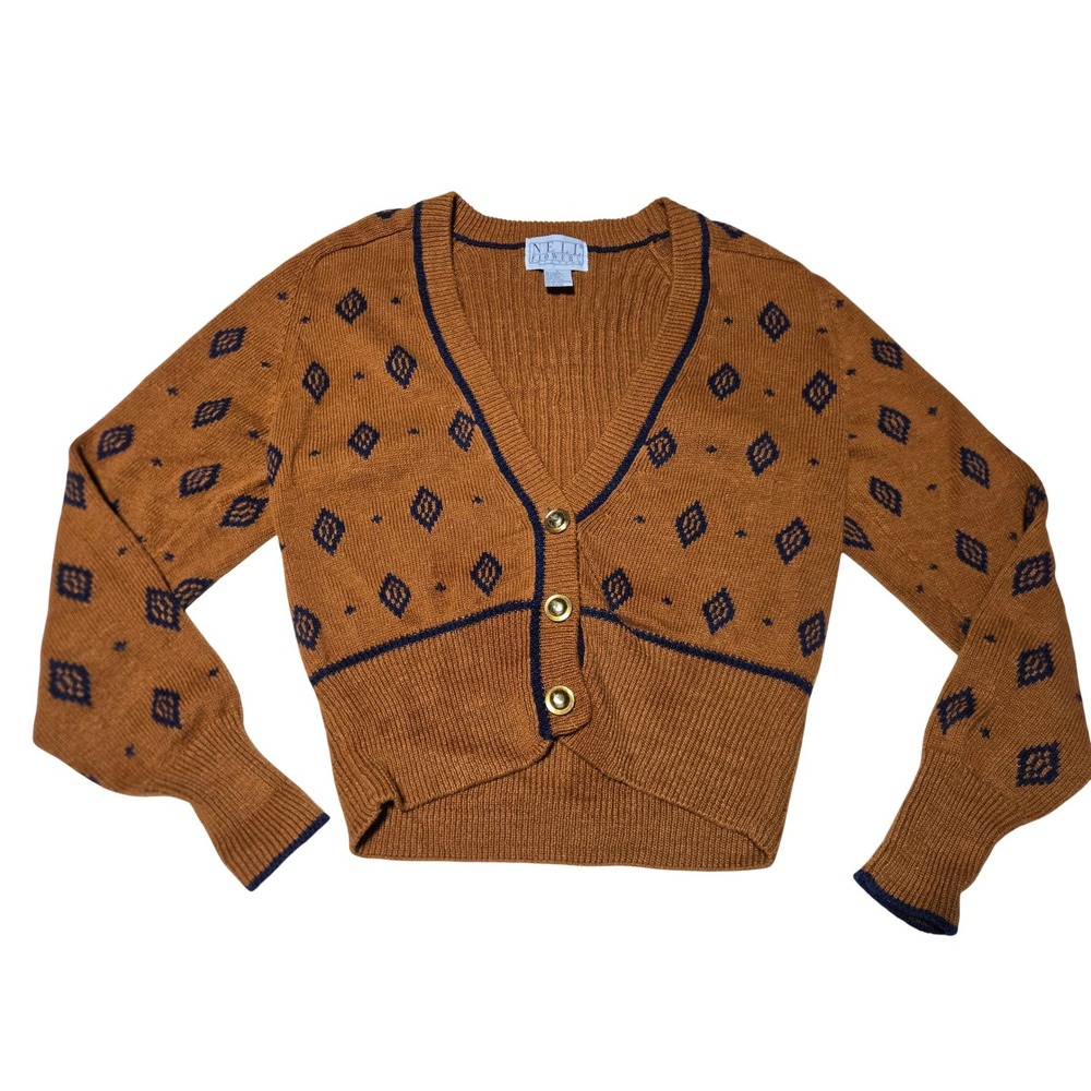 Nell Flowers Knit Cardigan Brown‎ Geometric Womens Small Funky Retro
